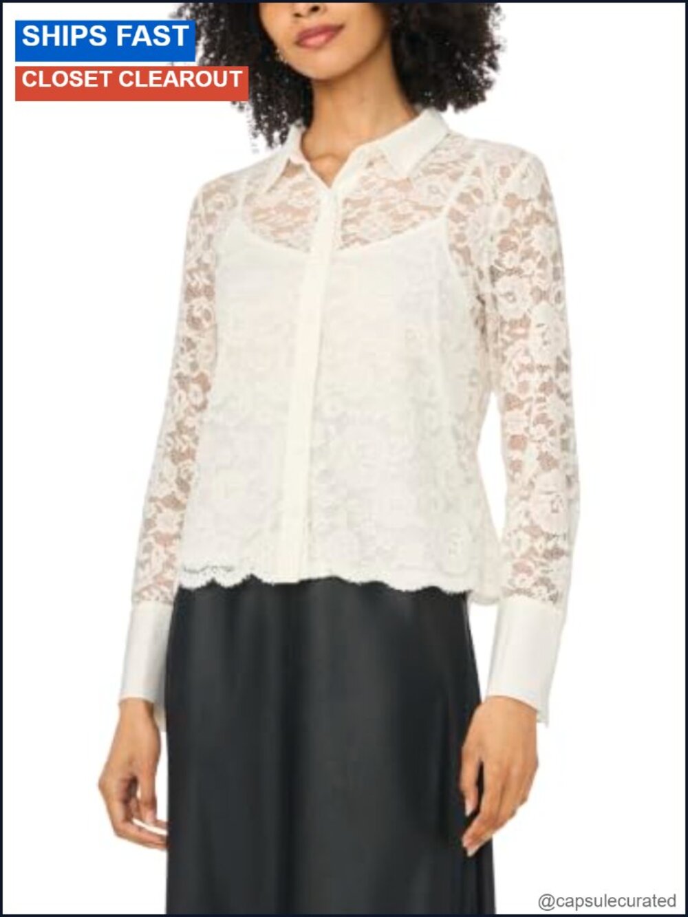 Vince Camuto Lace Long Sleeve Collared Button Down Knit Blouse